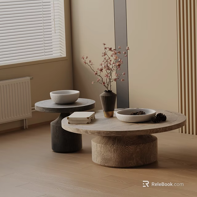 Minimalist Sofa And Coffee Table Set With Round Stone Tops Vase Flowers And Bowl 3d model 