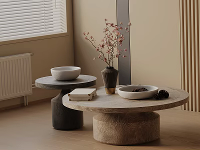 Minimalist Sofa And Coffee Table Set With Round Stone Tops Vase Flowers And Bowl 3d model