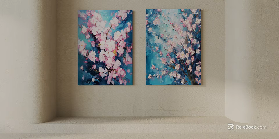Two Pink Cherry Blossom Paintings With Blue Background Hanging On Wall 3d model 