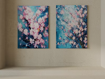 Two Pink Cherry Blossom Paintings With Blue Background Hanging On Wall 3d model