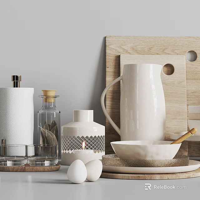 Stylish Kitchenware Collection With Wooden Cutting Board White Ceramic Pitcher Glass Jar Bowl And Spoon 3d model 