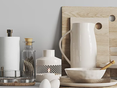 Stylish Kitchenware Collection With Wooden Cutting Board White Ceramic Pitcher Glass Jar Bowl And Spoon 3d model