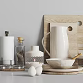 Stylish Kitchenware Collection With Wooden Cutting Board White Ceramic Pitcher Glass Jar Bowl And Spoon