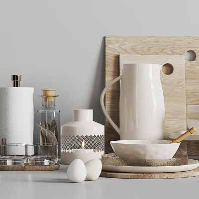Stylish Kitchenware Collection With Wooden Cutting Board White Ceramic Pitcher Glass Jar Bowl And Spoon 3d model