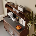 Elegant Wooden Sideboard with Drawers Glass Doors Featuring Coffee Machine Vase Oranges and Potted Plant
