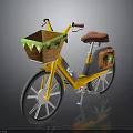 A Yellow Bicycle With Front Basket Green Trim Red Seat And Orange Bag