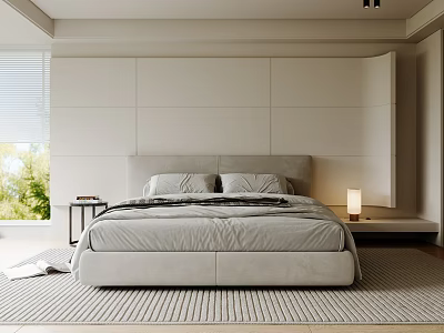 Modern Bedroom Interior With Double Bed Headboard Table Lamp And Rug Window Blinds 3d model