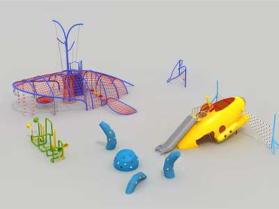 Colorful Outdoor Playground Equipment With Climbing Nets Slides And Balance Elements 3d model