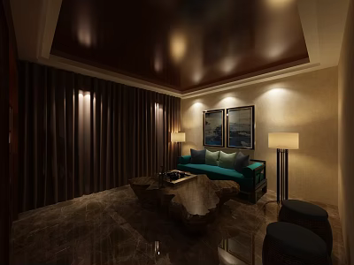 Elegant Boutique Store Interior With Green Sofa Coffee Table Wall Paintings And Lighting 3d model
