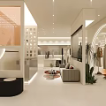 Modern Clothing Store Open Layout With White Dresses Mannequins Arched Doorways And Lighting