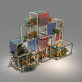 Decorative Glass Cube Structure Featuring Colorful Panels And Flower Plants 3d model