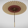 Traditional Style Umbrella With Cream And Deep Red Canopy Black Ribs Brown Handle Gold Accents