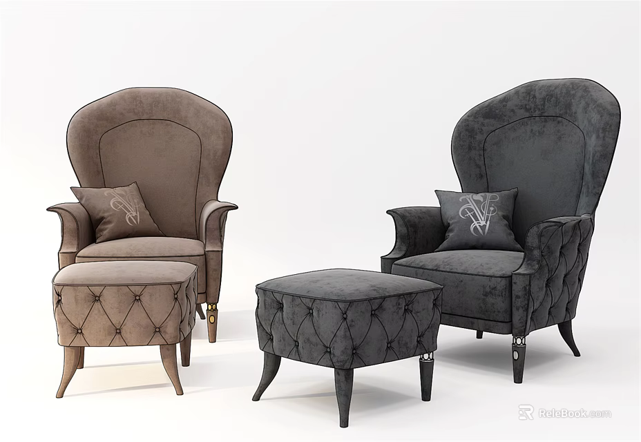 Upholstered Brown And Dark Gray Single Sofas With Matching Ottoman Stools 3d model 