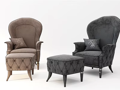 Upholstered Brown And Dark Gray Single Sofas With Matching Ottoman Stools 3d model