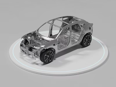 Automotive Car Frame Commercial Equipment With Silver Metal Structure On Display Platform 3d model