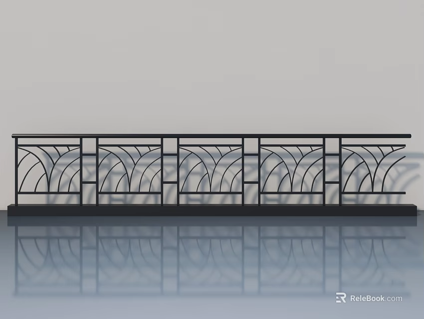 Modern Black Metal Sliding Door With Curved Geometric Patterns And Reflection 3d model 