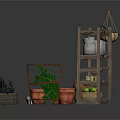 Rustic Wooden Shelf Display With Metal Buckets Clay Pots Green Plants And Garden Cart