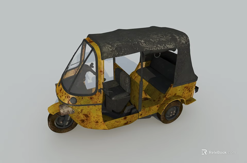 Rusty Yellow Motor Tricycle With Black Roof And Open Cabin Structure Design 3d model 
