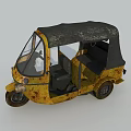 Rusty Yellow Motor Tricycle With Black Roof And Open Cabin Structure Design
