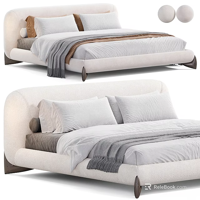 Modern Elegant Double Bed Design With Curved Upholstered Headboard Soft White Bedding And Gray Blanket 3d model 