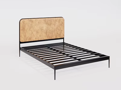 Modern Sleek Double Bed With Brown Leather Headboard And Metal Frame 3d model