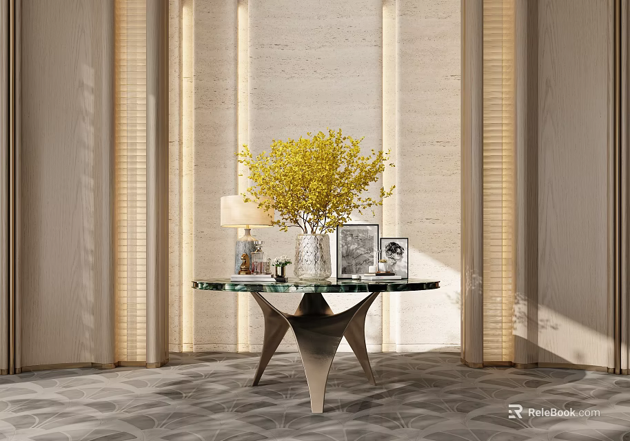 Elegant Decorative Ornament Collection With Yellow Flower Bouquet Table Lamp Photo Frames On Round Table 3d model 