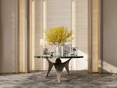 Elegant Decorative Ornament Collection With Yellow Flower Bouquet Table Lamp Photo Frames On Round Table 3d model