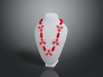 Red Beaded Necklace With Floral Cross Design On White Mannequin 3d model