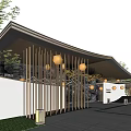 New Chinese style gate community entrance and exit community pedestrian entrance and exit slope roof entrance element lamp decoration element champagne gold metal rod shape 3d model