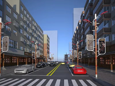 Traditional Commercial Street with Tall Buildings Cars and Street Lamps on Both Sides 3d model