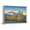 Landscape Painting With Snow Capped Mountains Serene Lake And Violet Yellow Sunset Sky