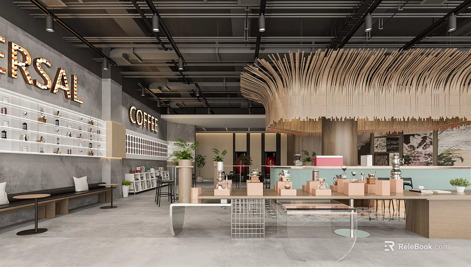 Modern Café Interior With Wooden Decor Bar Counter And Green Plants 3d model 