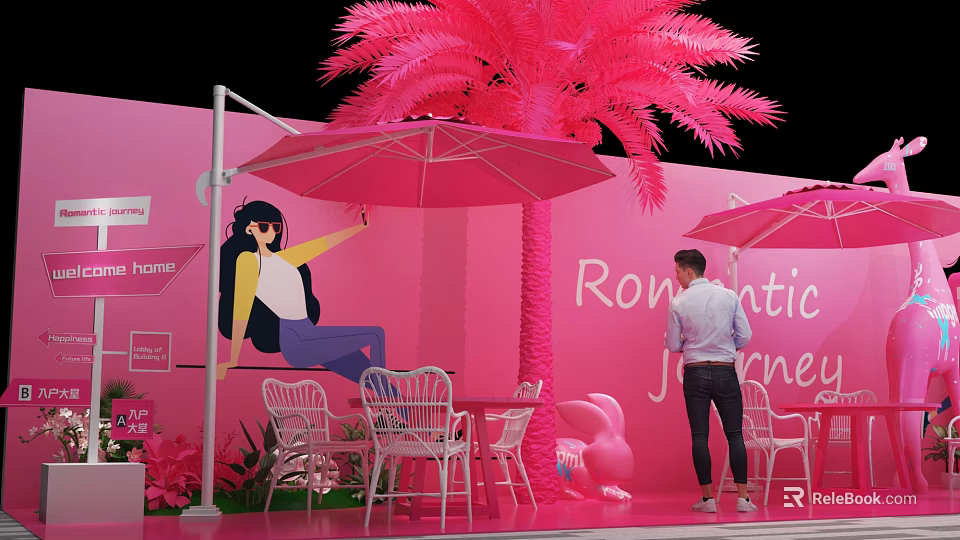 Pink Outdoor Setting With Palm Tree Umbrella Chairs And Romantic Journey 3d model 