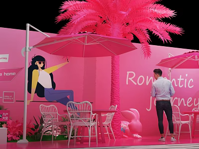 Pink Outdoor Setting With Palm Tree Umbrella Chairs And Romantic Journey 3d model