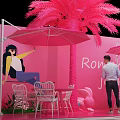 Pink Outdoor Setting With Palm Tree Umbrella Chairs And Romantic Journey
