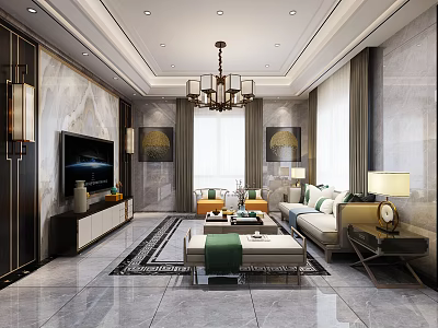 Modern Elegant Living Room Interior With Marble Walls Flooring Chandelier TV Unit Sofa Coffee Table 3d model