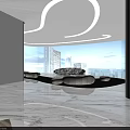 Modern Sales Office Interior With Curved Ceiling Marble Floor And City View Through Windows
