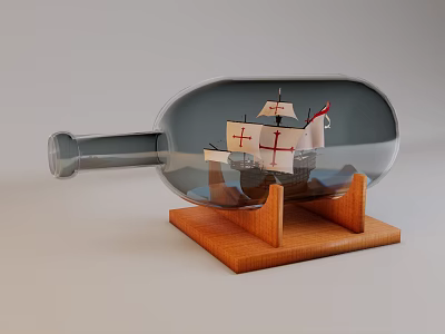 Decorative Ornament Set with Ship in Glass Bottle Wooden Base Sailing Boat and Cross Sails 3d model