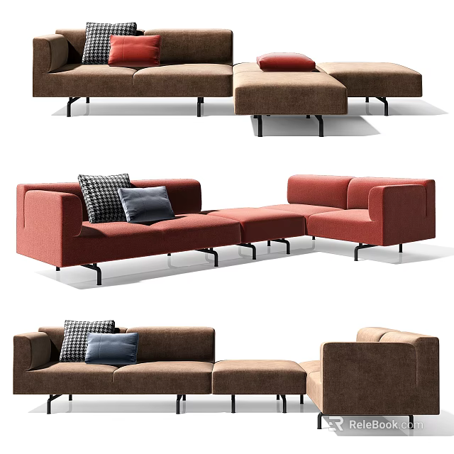Modern Modular Sofa Set With Brown Red Hues And Plush Decorative Pillows 3d model