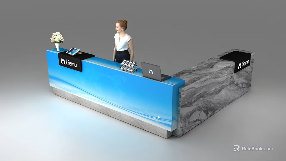 Modern M.Logan Reception Desk Featuring Blue Panel Gray Surface And Flower Vase 3d model 