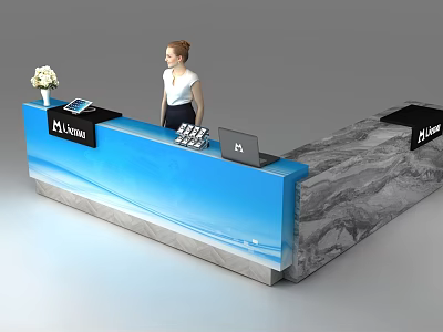 Modern M.Logan Reception Desk Featuring Blue Panel Gray Surface And Flower Vase 3d model