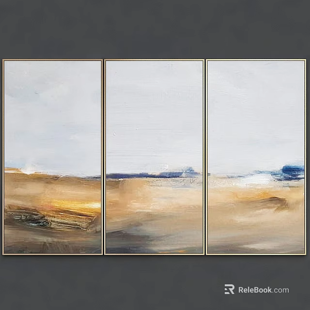 Modern Triptych Framed Abstract Landscape Paintings With Neutral Beige Brown Blue Tones For Wall Decor 3d model 