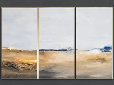 Modern Triptych Framed Abstract Landscape Paintings With Neutral Beige Brown Blue Tones For Wall Decor 3d model
