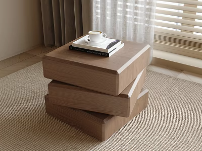 Wooden Stacked Side Table With Coffee Cup And Books In Living Room Decor 3d model