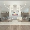 Modern Lobby Reception Desk with Circular Marble Counter Columns Chandelier and Security Gates