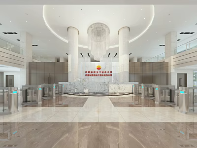Modern Lobby Reception Desk with Circular Marble Counter Columns Chandelier and Security Gates 3d model