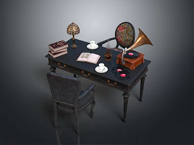 Vintage Wooden Desk With Leather Chair Table Lamp Books Open Notebook Coffee Cups And Gramophone 3d model