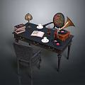 Vintage Wooden Desk With Leather Chair Table Lamp Books Open Notebook Coffee Cups And Gramophone