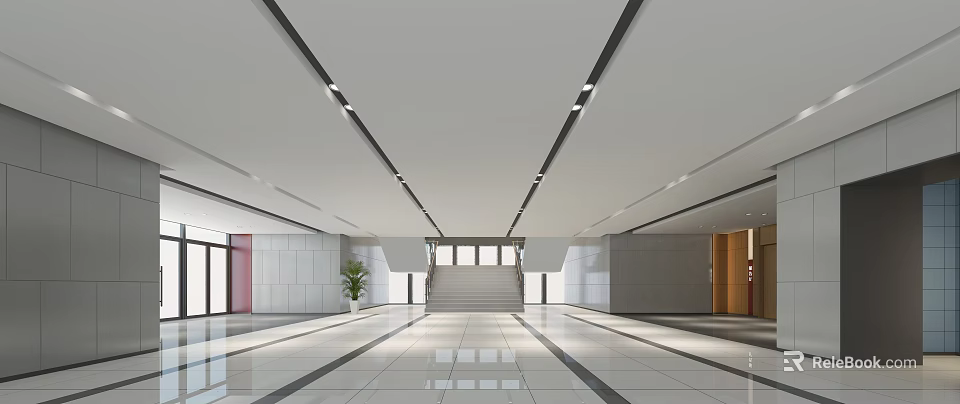 Modern Service Hall Interior With White Ceiling Black Lines Lighting Staircase And White Tiled Floor 3d model 