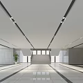 Modern Service Hall Interior With White Ceiling Black Lines Lighting Staircase And White Tiled Floor